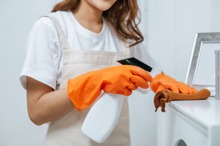 A professional cleaning wiping down surfaces